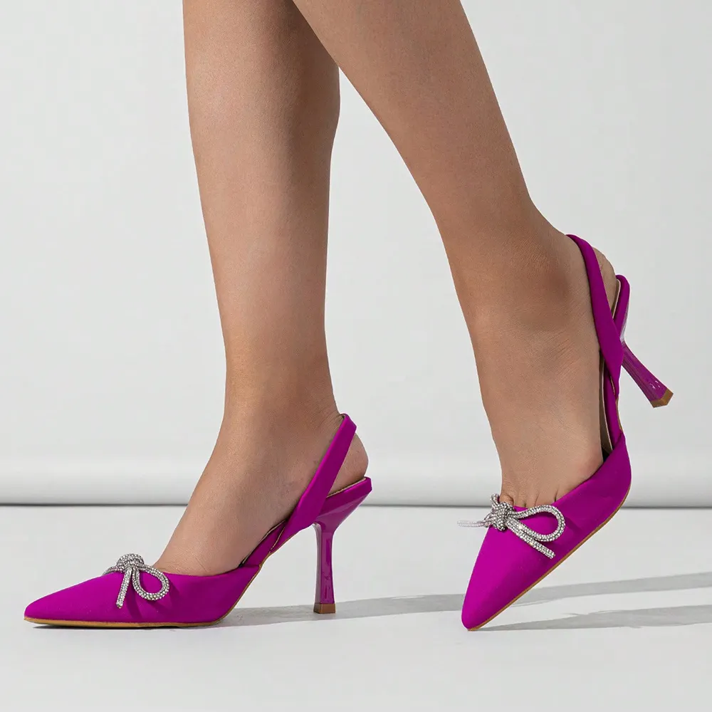 Pink Satin Closed Pointed Toe Slingback Pumps With Stiletto Heels