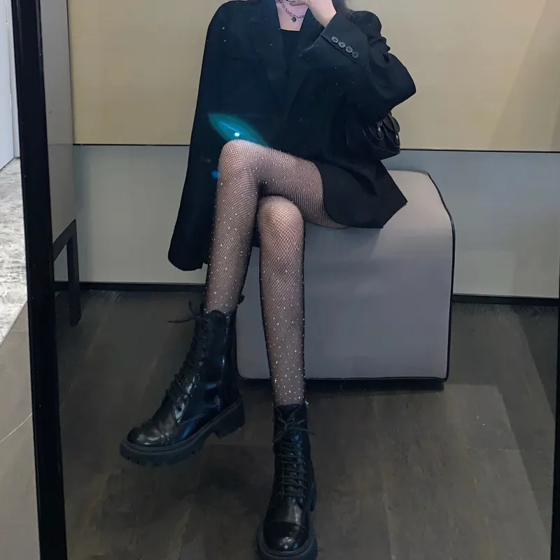 Churchf [With Diamonds] Black Stockings Women Thin Ins Tide Sexy Hollow Fishing Net Socks Spring Hot Diamond Crystals Even Foot Socks