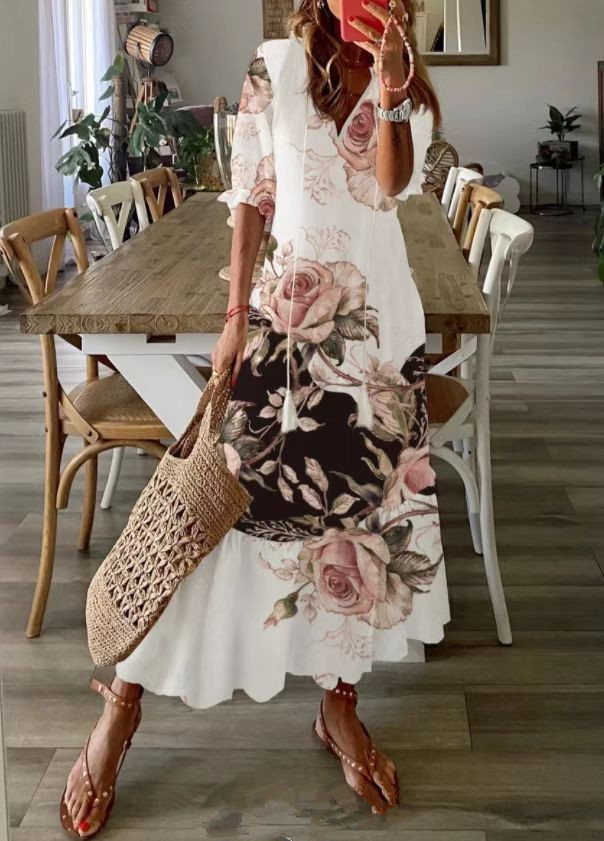 Fashion V Neck Fringe Wooden Ear Print Bohemian Casual Dress