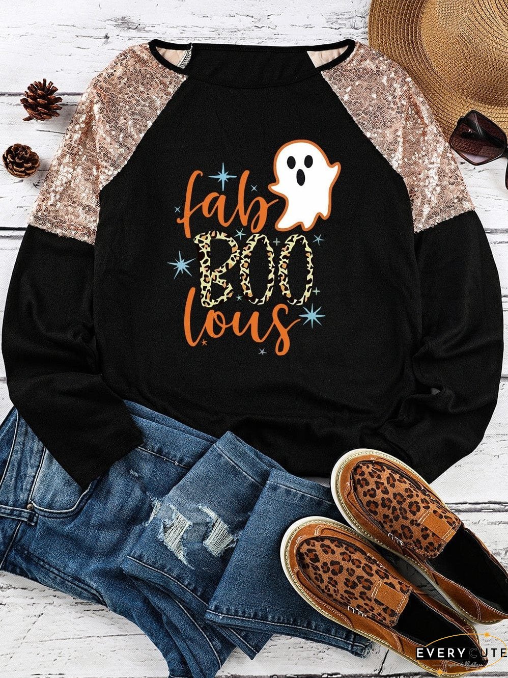 Halloween Graphic Raglan Top with Sequins