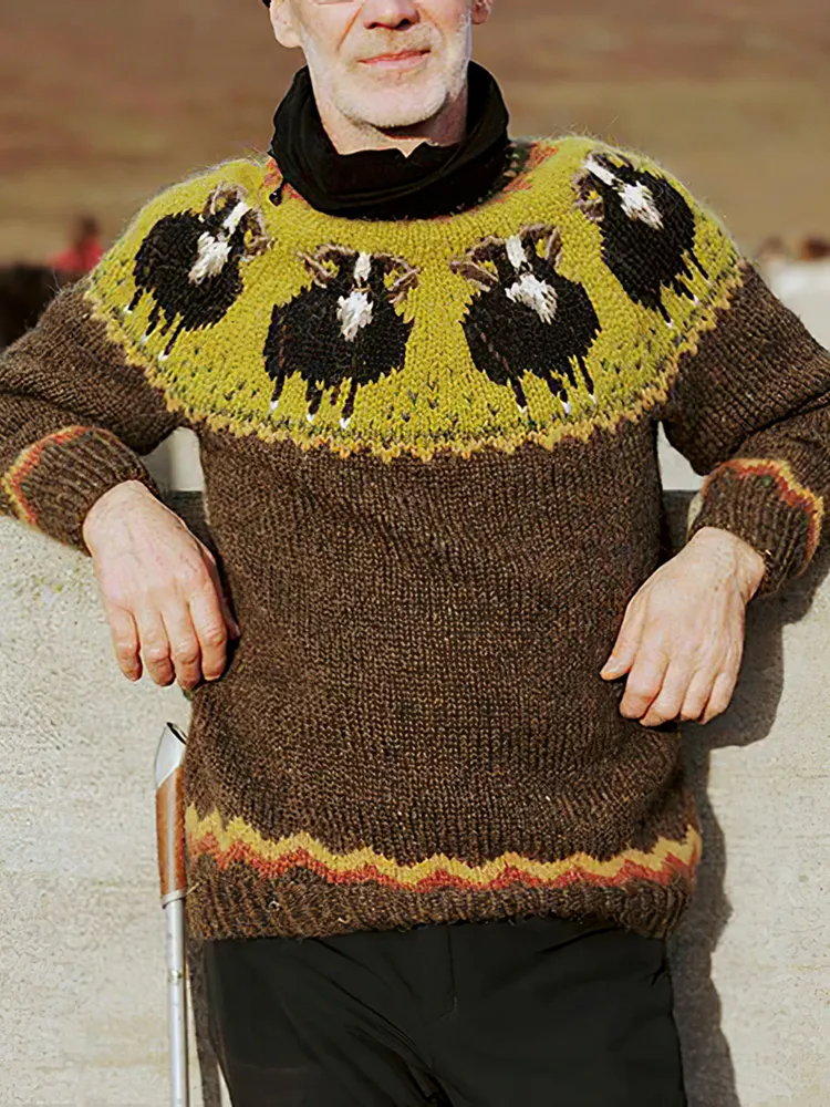 Retro Khaki Green Yak Knit Icelandic Crew Neck Sweater