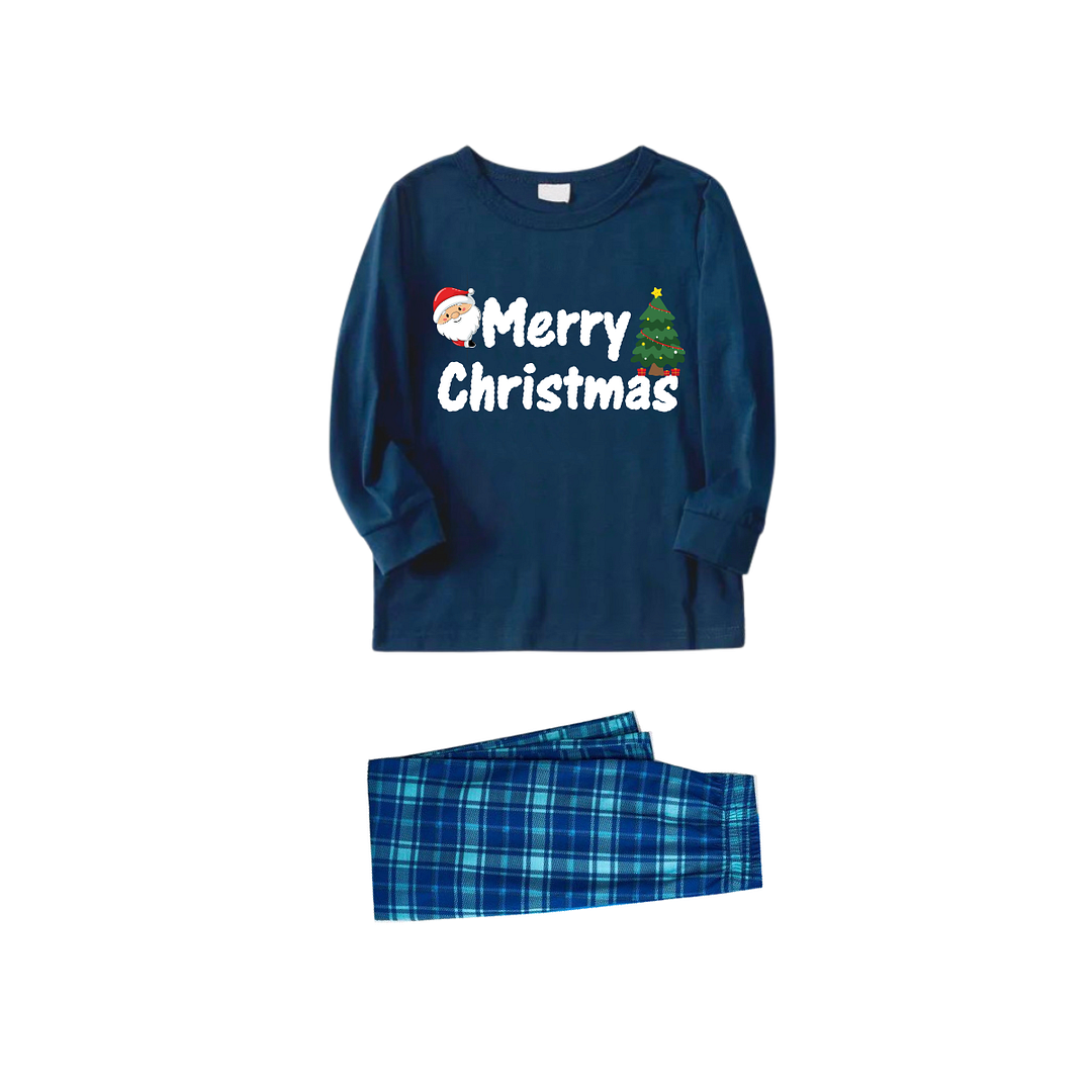 "Merry Christmas" and Santa Claus Printed Blue Long Sleeve Top With Blue Plaid Family Matching Pajamas