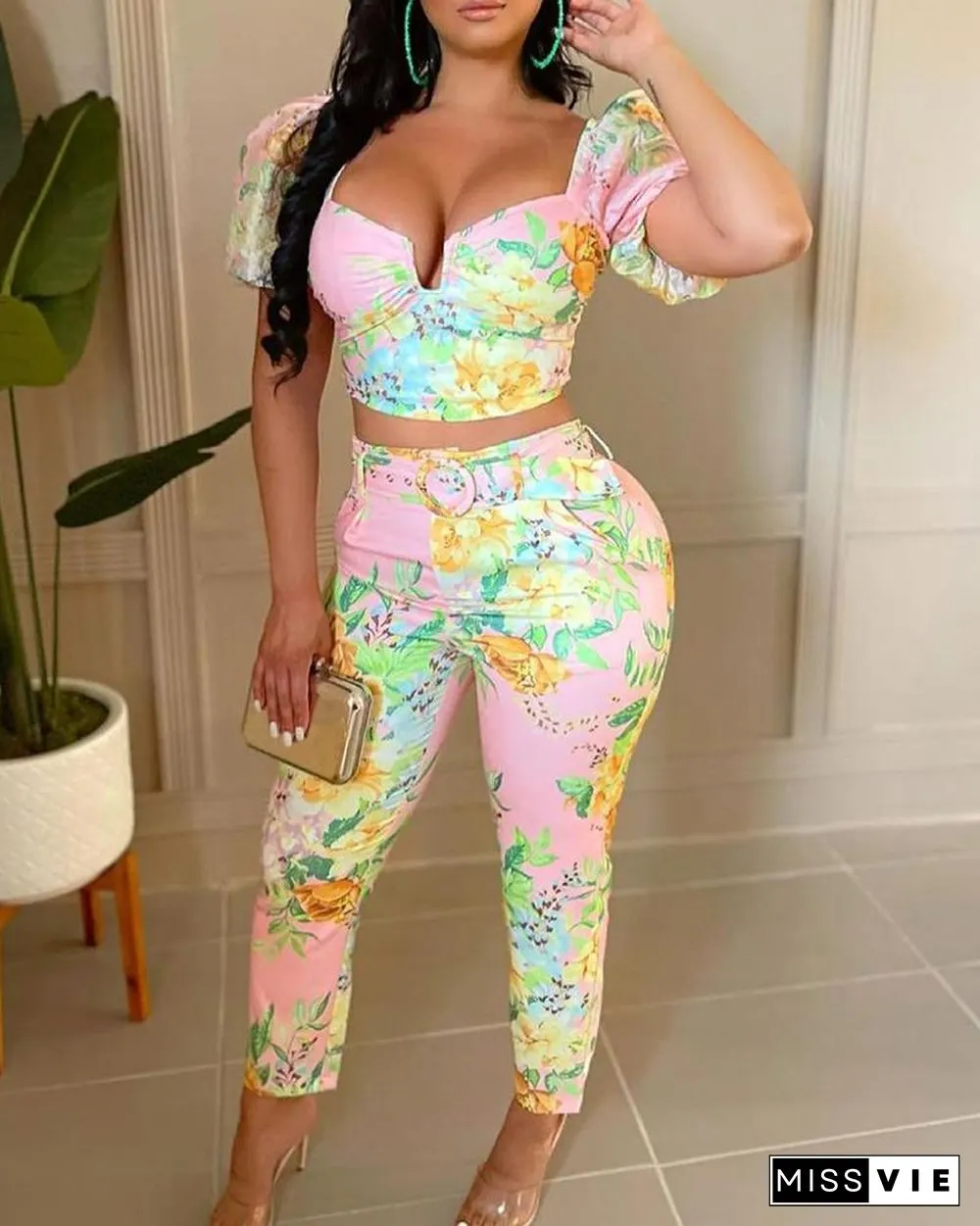 Floral Print Puff Sleeve Crop Square Neck Top & Pants Sets