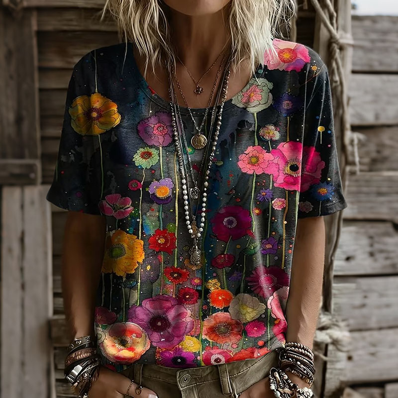 Comstylish Women's Vintage Floral Pattern Casual Short Sleeved T-shirt