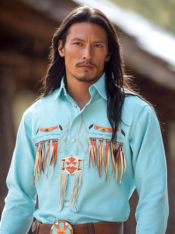 Baby Blue Native American Long Sleeve Ribbon Shirt