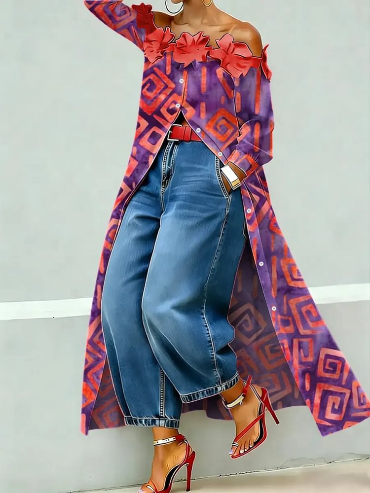 Women's Abstract Art Print Off-shoulder Long-sleeved Shirt Dress
