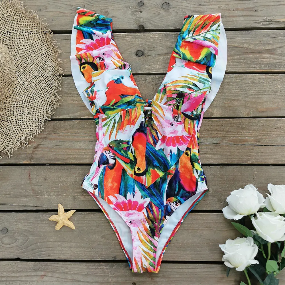 Churchf Printed Flowers Even Lotus Leaf Side Body Swimsuit Women 2025 New Swimsuit Bare Back