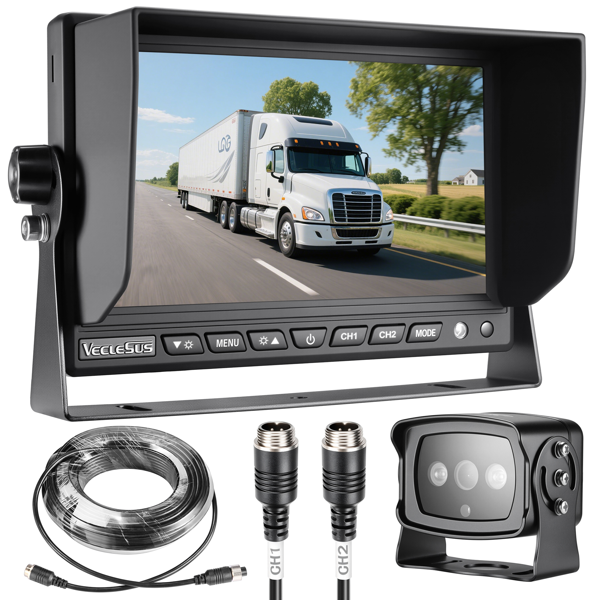 VECLESUS VMS Backup Camera Kit, 7&rdquo; LCD Rear View Monitor, 66FT(20M) Extension Video Cord, Super IR Night Vision Wired Backup Camera for Truck, RV, Trailer, Bus, Harvester, Boat, Yacht, Large Vehicles VECLESUS GING