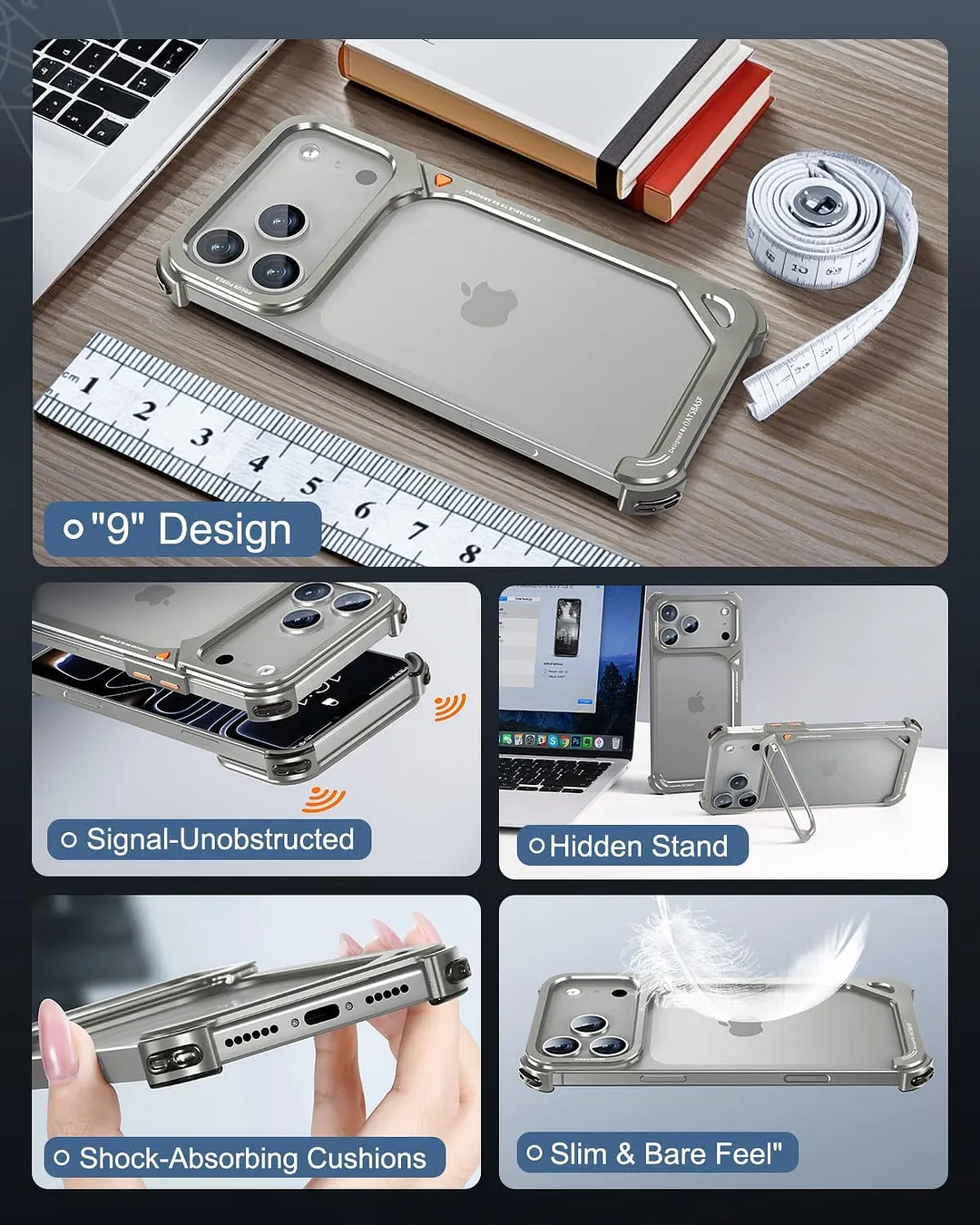 Compatible with iPhone 17 Pro Max metal protective case, aluminum frame, slim backless design, MagSafe compatible, shockproof protection, minimalist frameless phone case, natural titanium