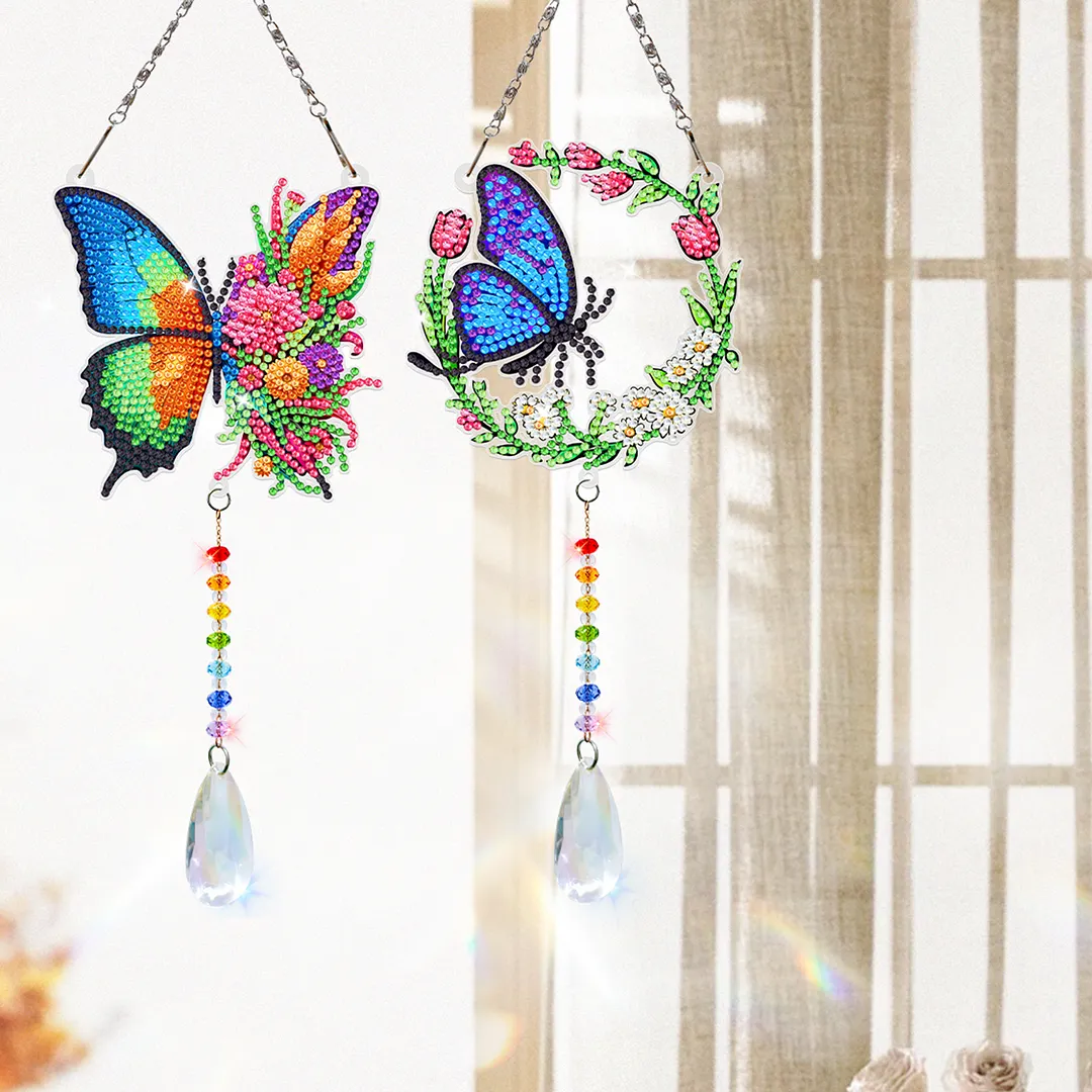 2Pcs Wreath Butterfly DIY Double-Sided Diamond Painting Hanging Kits Diamond Painting Suncatcher Craft Kit for Home Garden Wall Decor Gift
