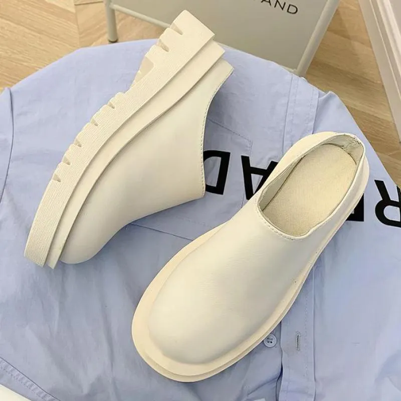 Women Slippers 2021 Summer Fashion Closed Toe Leather Shoes Loafers High Platform Black Heels Mules Ytmtloy Wedges Indoor