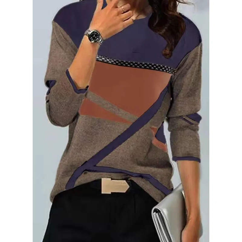 Brownm Loose Color Printed Round Neck Long Sleeve T-shirt