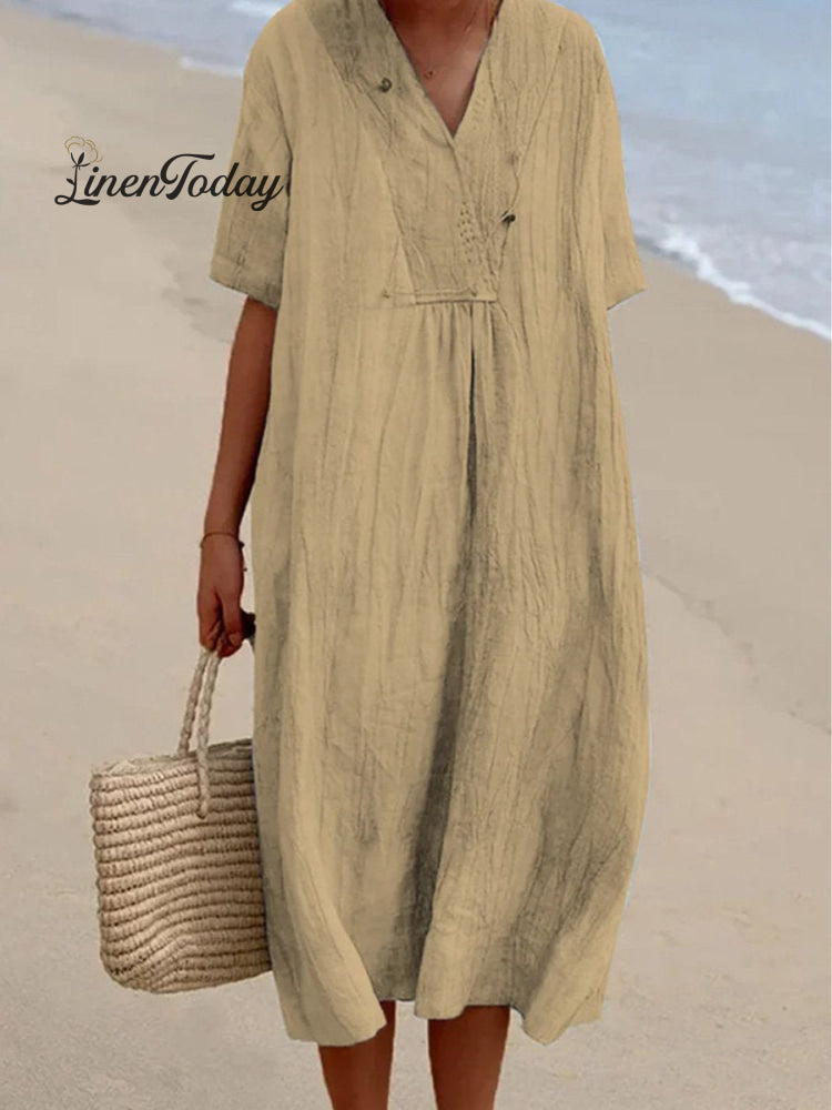 Women&rsquo;s Solid Color Cotton And Linen Short Sleeve Dress Khaki / S
