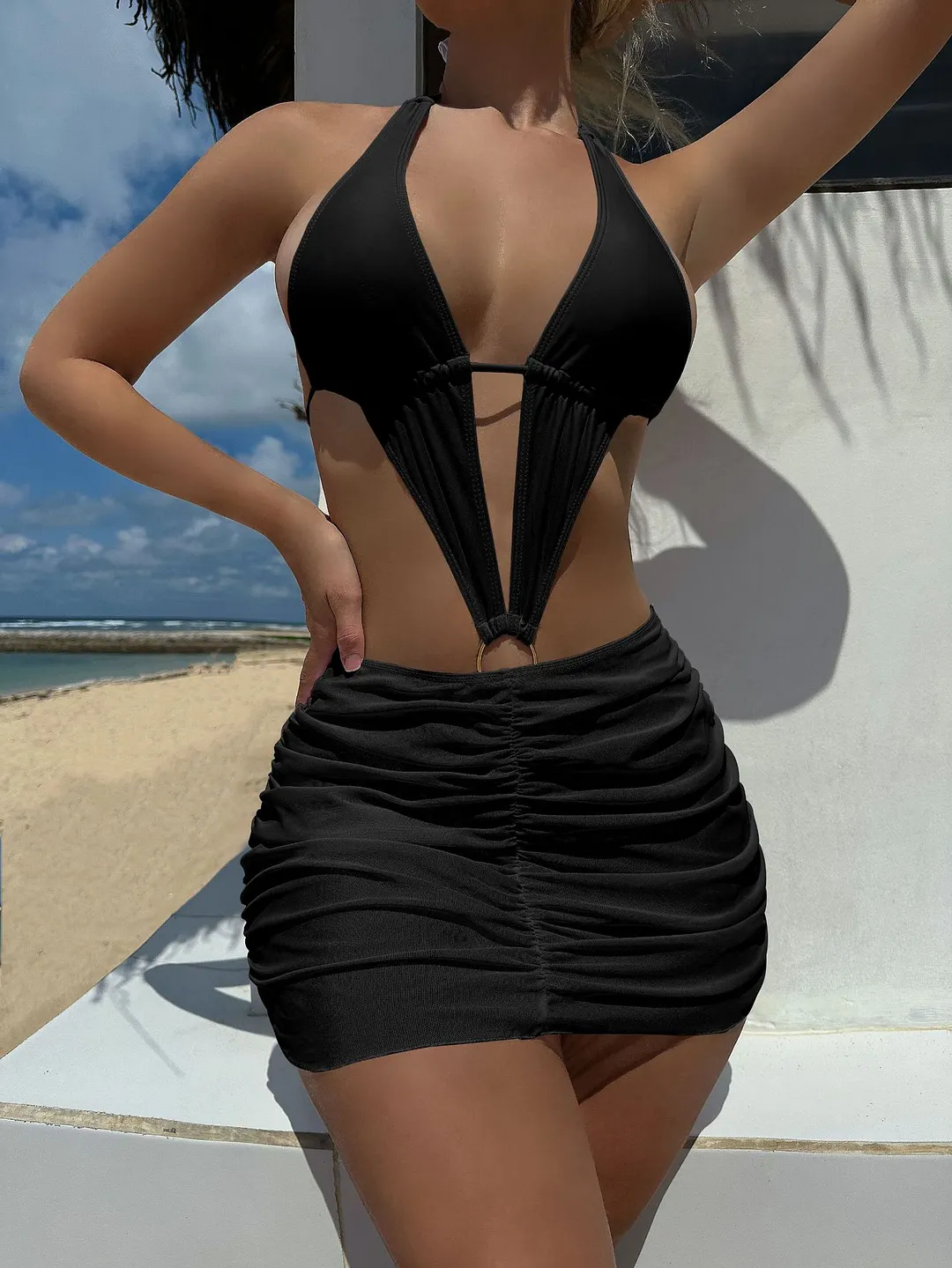 Churchf 2023 New Sexy Hollow Conjoint Solid Color Two-Set Swimsuit Bikini Bikini