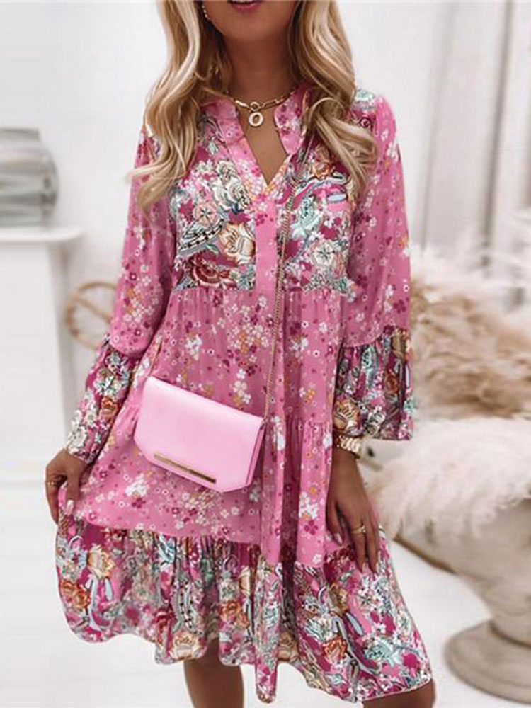 Elegant Vintage Print Flared Sleeves Loose Party V Neck Casual Dress