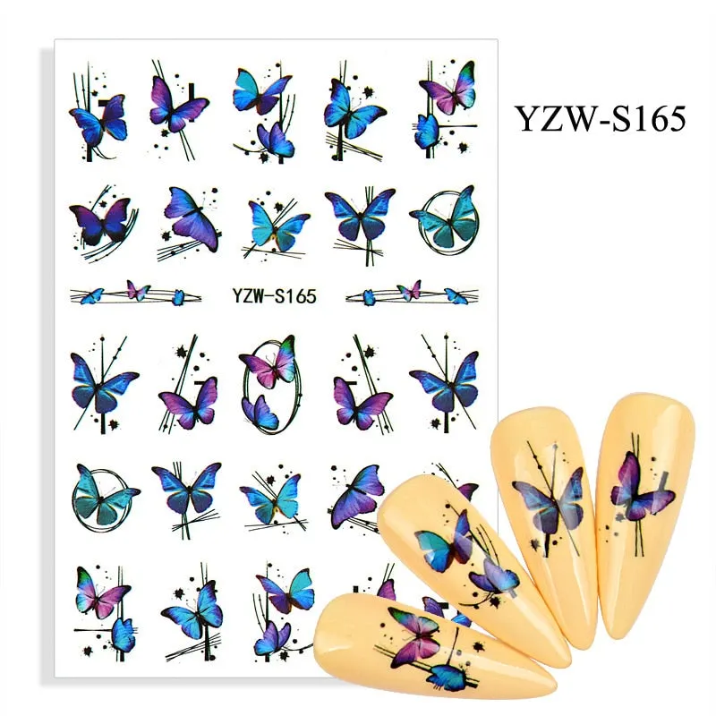 1pc Holographic Blue Nail Stickers Pink Colorful Butterfly Art Sticker With Adhesive DIY Extension Flowers Rose Nail Decoration-Nail Inspo