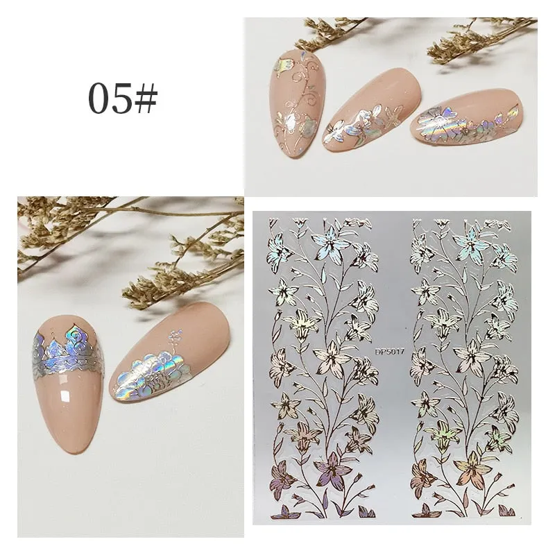 3D Flower Lace Nail Stickers iridescent Bronzing Floral Leaf Transfer Stickers For Nails Manicuring Accessories