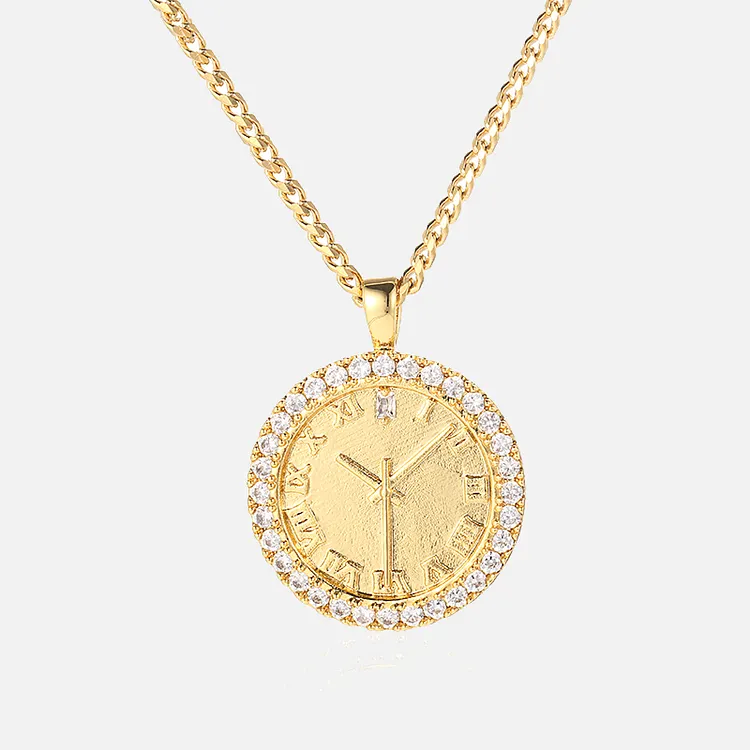 Iced Out Solid Clock Pendants Hip Hop Bling Bling Necklaces