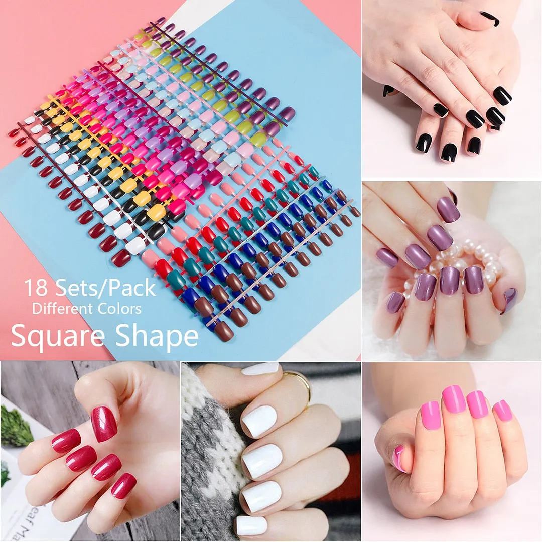 432pcs 18 Mixed Solid Colors Short Round Almond Coffin Shape Nail Tips Full Cover False Nail Tips Press On Fake Nails 18 Strips-Nail Inspo