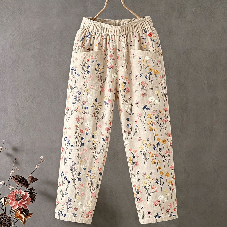 Floral Pattern Design Women's Casual Cotton Linen Long Pants