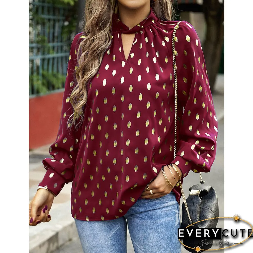 Burgundy Notched Neck Pleated Cuffs Long Sleeve Tops