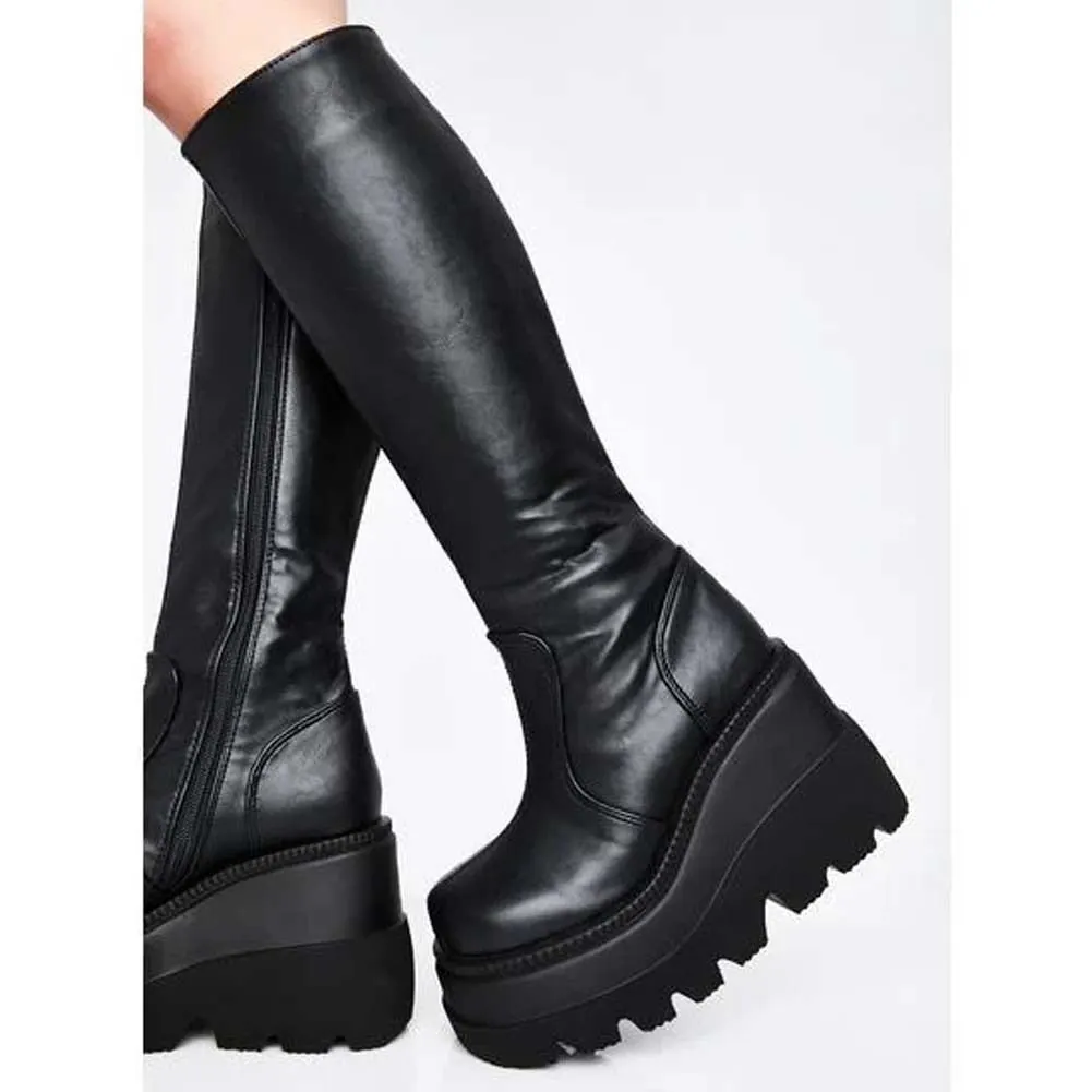 Brand New Big Size 43 Shoelaces Wedge High Heels Platform Tide Trendy Cool Autumn Winter Mid-Calf Boots Shoes Women Footwear