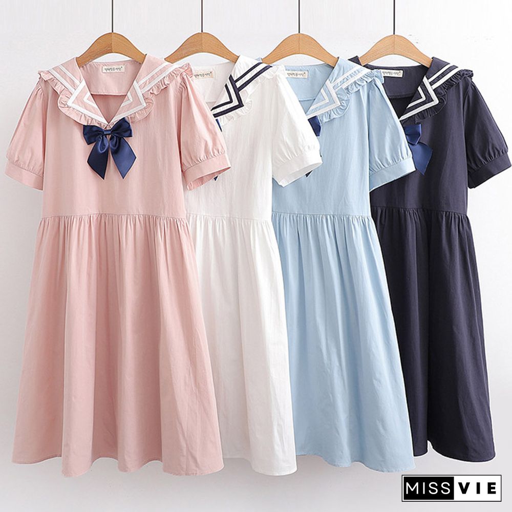 Bow Decor Sailor Collar Lace Up A-line Dress