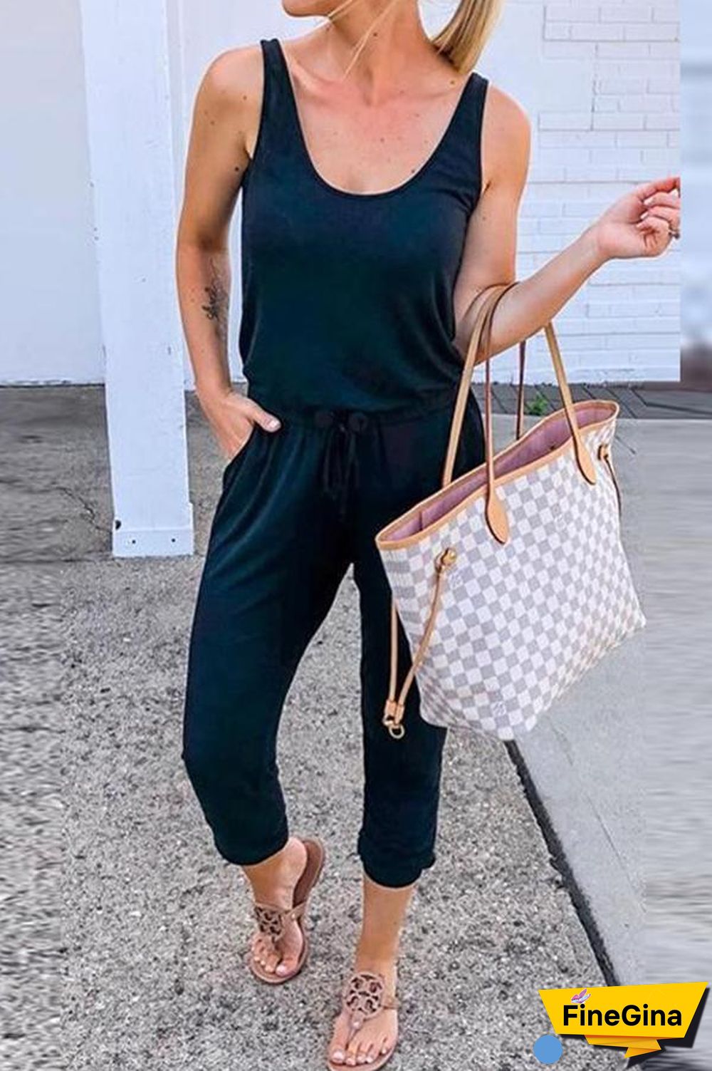 Sleeveless Solid Color Casual Pocket Jumpsuit