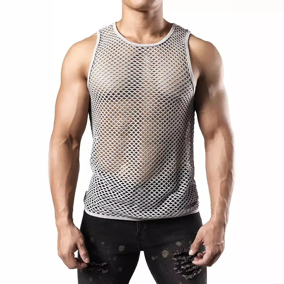 Brownm Brownm New Men's Casual Knit Vest Men's Hollow Out Solid Color Round Collar Sunscreen Clothing Men's Jacket