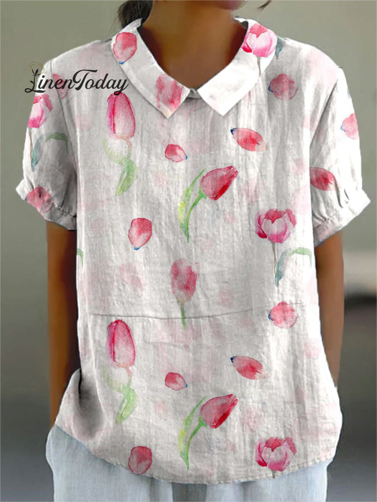 Women&rsquo;s Flower Print Casual Cotton And Linen Shirt Multicolor / S