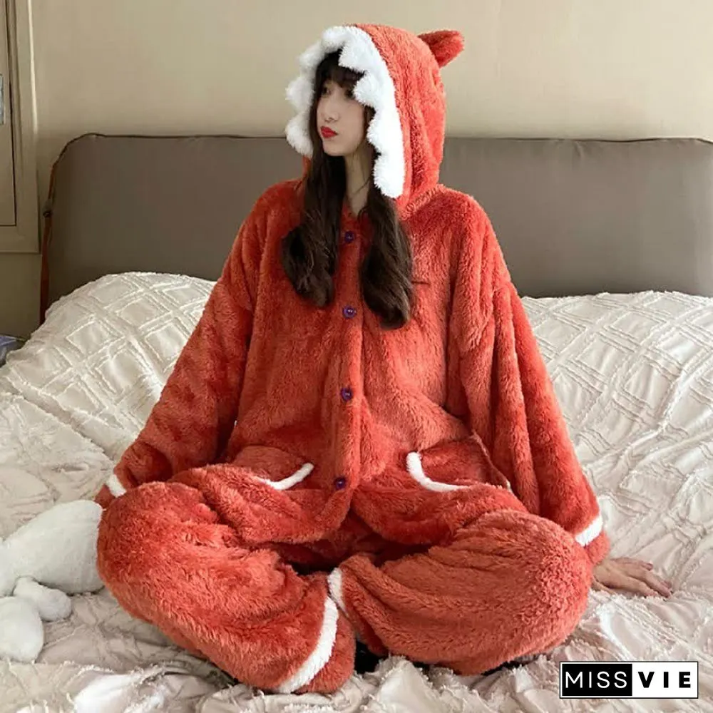 Lovely Cartoon Shark Plush Hooded Pajamas Set