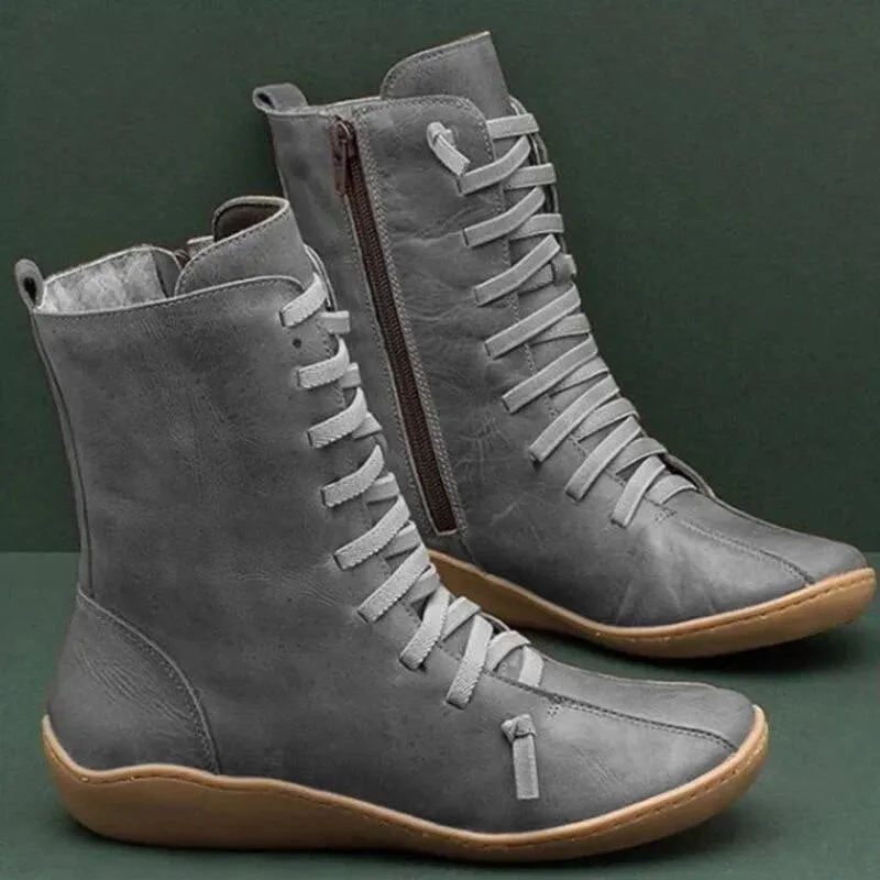Women Autumn Vintage Zipper Lace Up Ankle Boots Ladies Retro Leather Shoes Woman High Top Shoes Women's Female Fashion Footwear