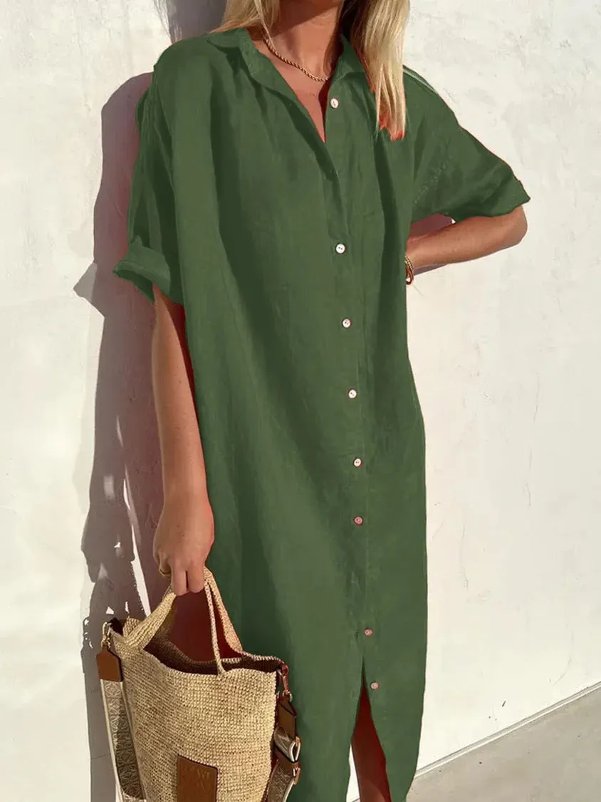 Brownm Casual Loose Sleeves Button Dress Cotton And Dresses