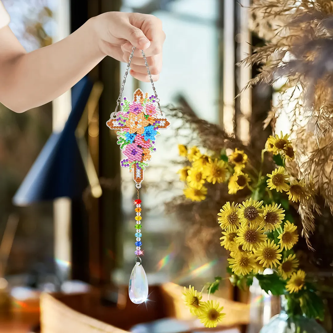 2Pcs Flower Cross DIY Acrylic Diamond Painting Art Wind Chimes with Crystal Pendant Diamond Art Hanging Pendant Double-Sided for Adults Beginners Gift Home Garden Decor