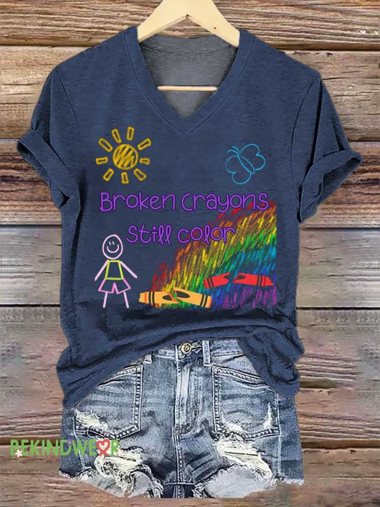 Women&rsquo;s Broken Crayons Still Color V-neck Casual T-Shirt Blue / S