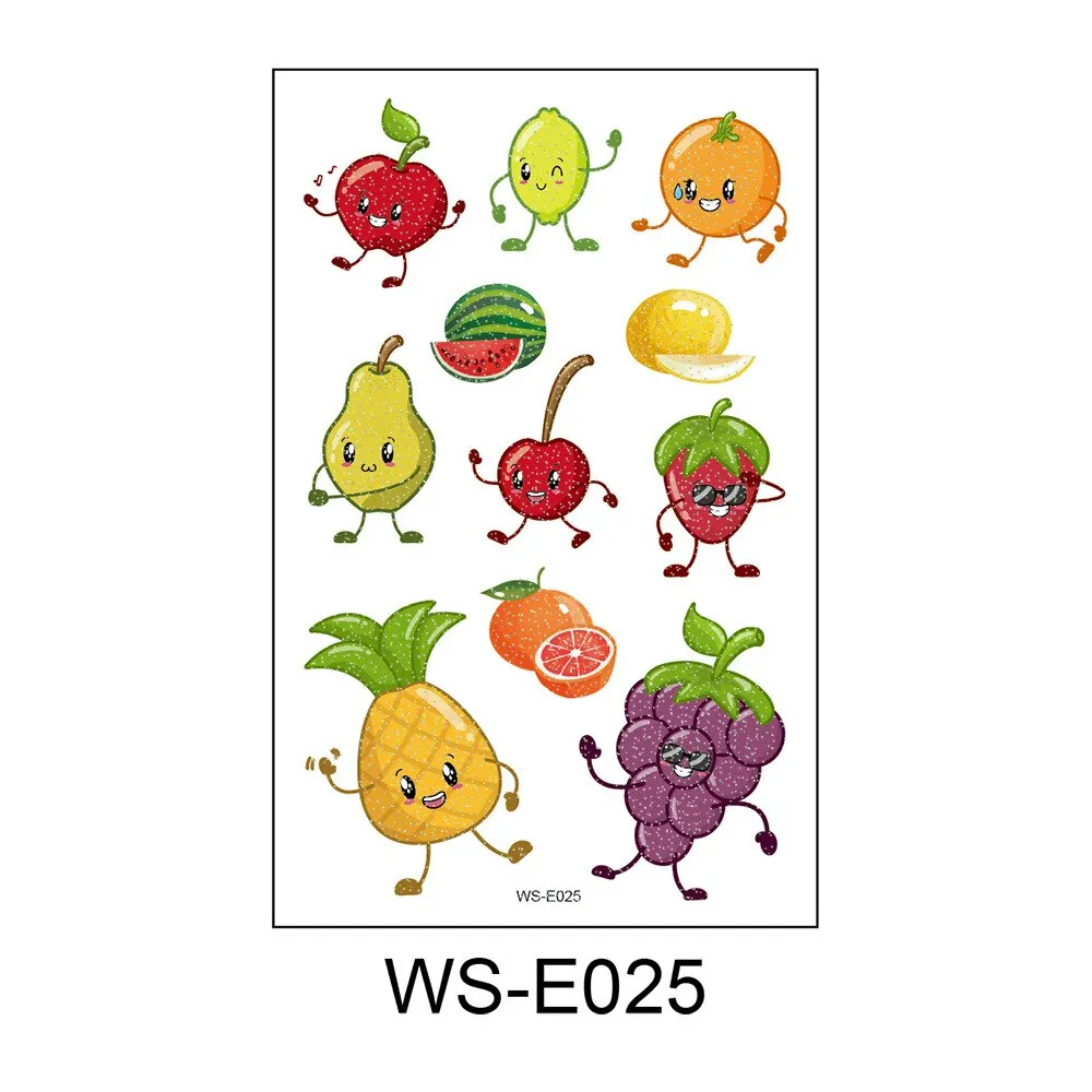 10 Kinds Glitter Powder Children Tattoo Cartoon Fruits Cute Makeup Temporary Body Arm Stickers Disposable Tatouage Temporaire