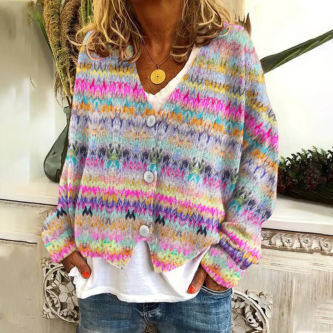 Vintage Gradient Stripes Jacquard Button Cozy Sweater