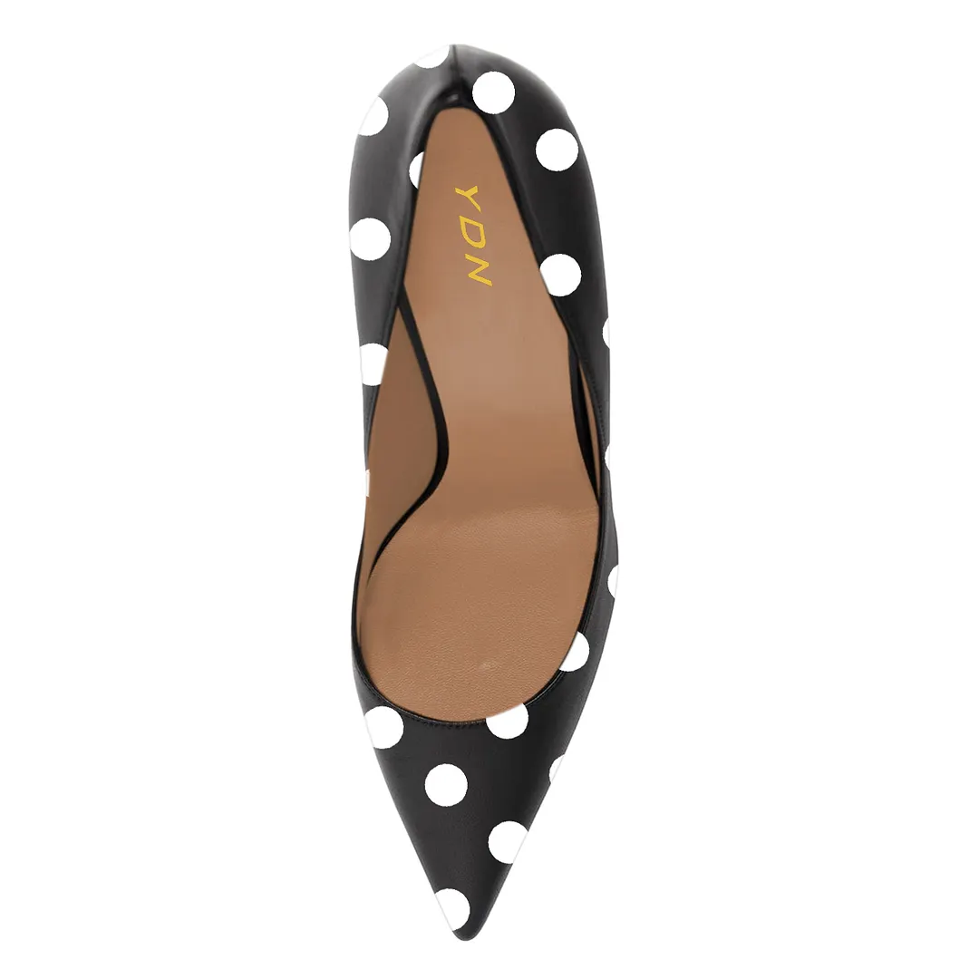 Black & White Polka Dot Vegan Leather Pointed Toe Flared Heel Pumps  