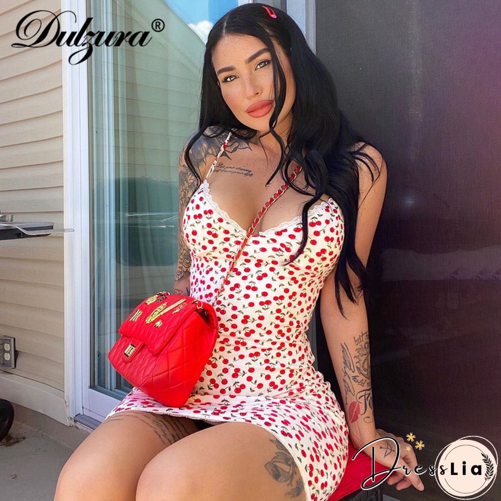 Lace Patchwork Cherry Print Women Strap Mini Dress Bodycon Sexy Streetwear Party Club Elegant Cute Summer Sweet