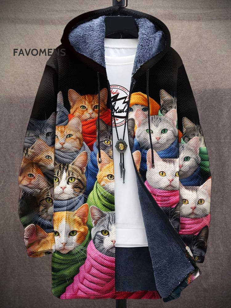 Unisex Cat Art Print Plush Thick Long-Sleeved Sweater Cardigan Coat Multicolor / S