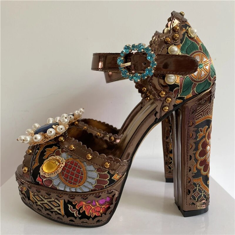 Embroidery Satin Wedding Shoes Woman Chunky Heel Diamond Platform Beaded Rivet Flower Sandals Women