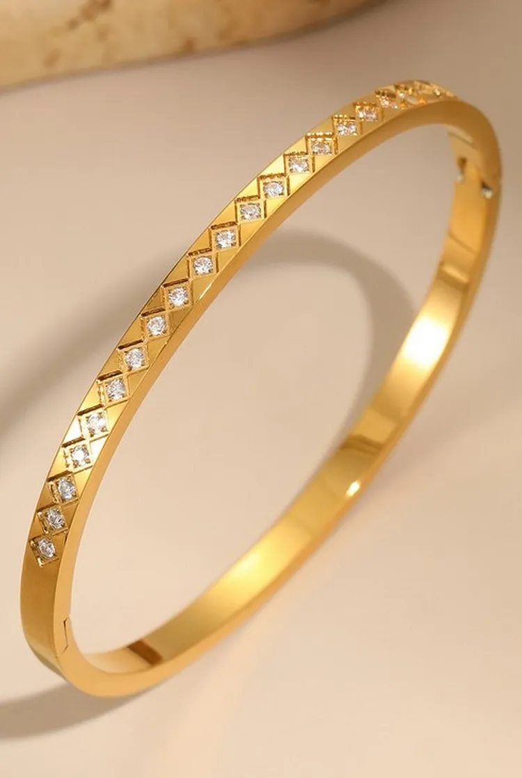 Stainless Steel Bangle Bracelet for Layering Gold Tone with Crystal Accents
