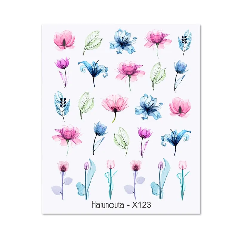 Harunouta Water Decals Ink Blooming Flower Leaves Transfer Nail Stickers Butterfly Love Heart Design Slider Watermark Decoration-Nail Inspo