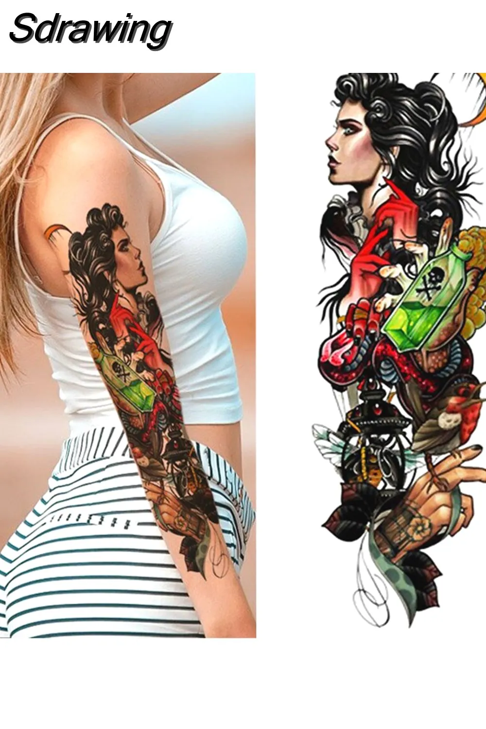 Sdrawing Full Arm Tattoo Lion Crown King Rose Waterproof Temporary Tatoo Sticker Wild Wolf Tiger Men Skull Totem Tattoo 430-1