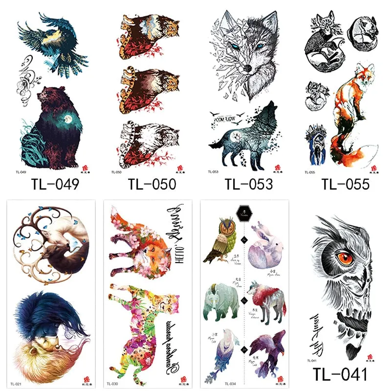 1~8 pieces of animal plants wolf bear bird art tattoo stickers disposable waterproof temporary tattoo stickers for men and women