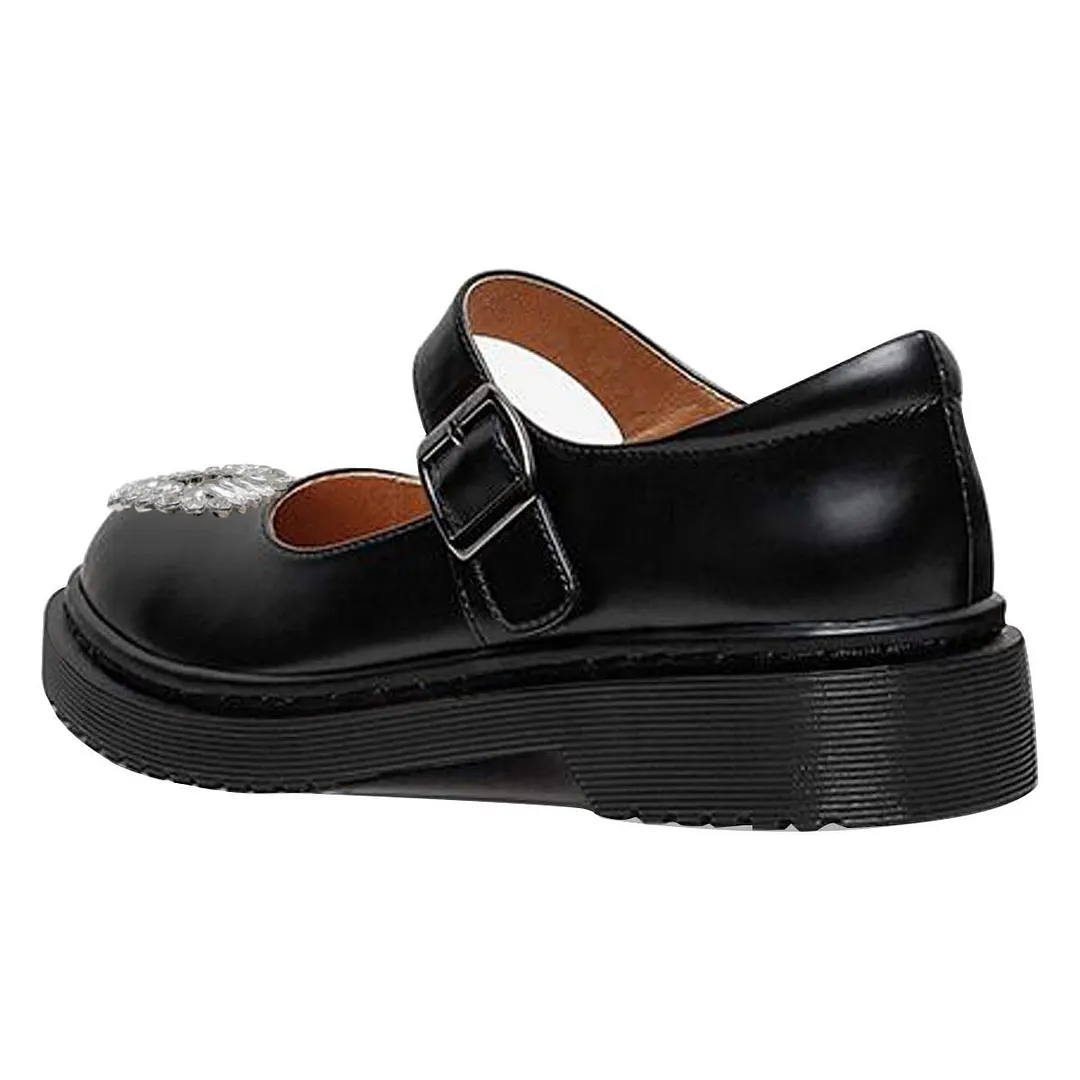 Black Round Toe Rhinestone Embellished Fashionable Mary Janes 
