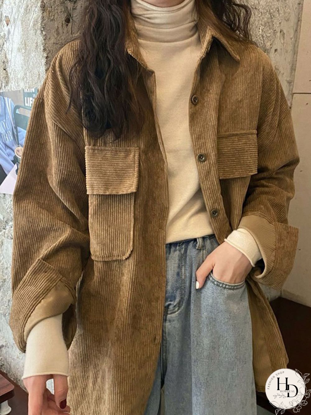 Corduroy Solid Pocket Button Long Sleeve Loose Lapel Jacket