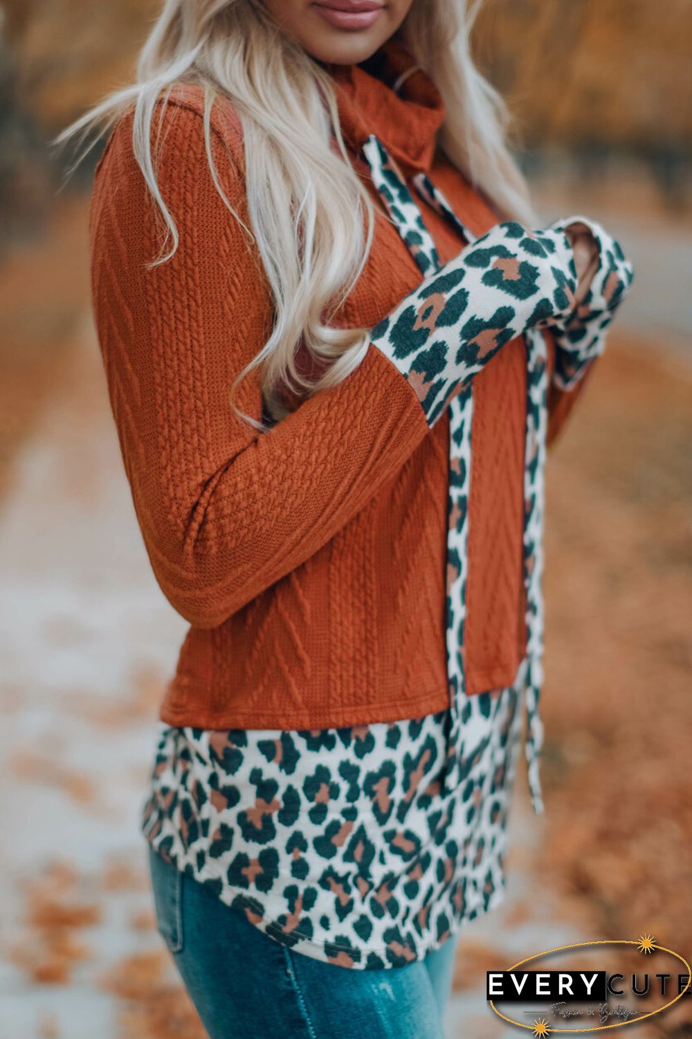 Leopard Patchwork Cowl Neck Knit Top