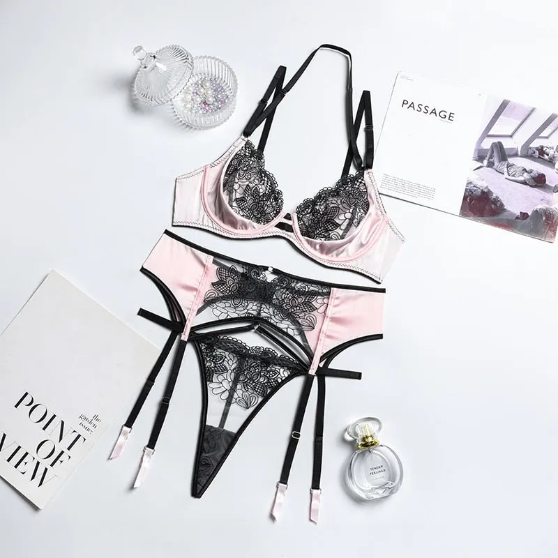 ECTOOKO 2022 Spring and Summer New Sexy Embroidery Set Underwear Women's Lingerie for WomenPink Black