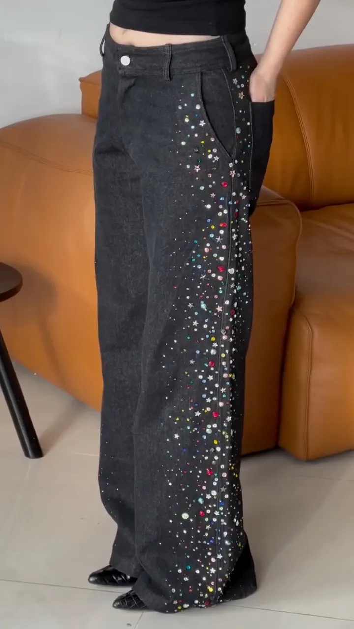 Black Colorful Rhinestone Star Wide Leg Denim Pants